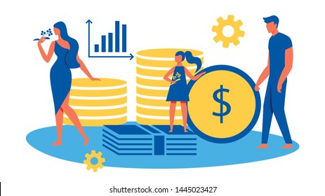 Family On Background Coins And Banknotes. Family Saves Money. Cash Savings. Training For Women Illustration. Training For Harmony In Family. Family Look. Increase Profits. Woman Sniffing Flower