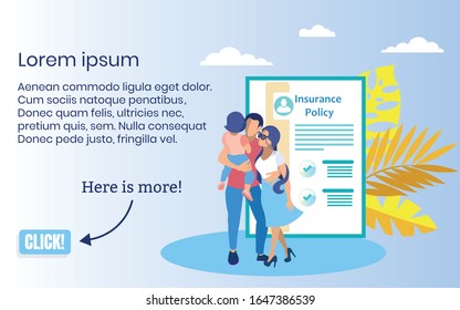 Family on Background Insurance Policy with Text. Screenshot Website. Insurance Policy. Vector Illustration. Reliable Protection. Insurance Case. Life and Health Insurance on Vacation.