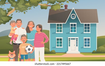 Family on the background of a two story house. Buying or renting a home. Moving to a new house. Father, mother, children and pet together outside. Image for advertising real estate services. Vector 