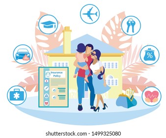 Family on Background Yellow House. Insurance Policy Points. Icons with Insurance Types. Insurance Policy. Vector Illustration. Reliable Protection. Insurance Case. Insured Property. Wallet with Money.