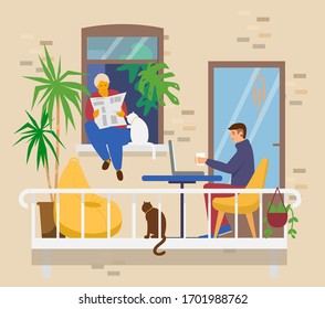 Family on balcony. Man works at laptop, woman's sitting on widowsill with cat and reads paper. Cozy balcony with coffee table, plants, beanbag chair. Home activities. Flat vector illustration.