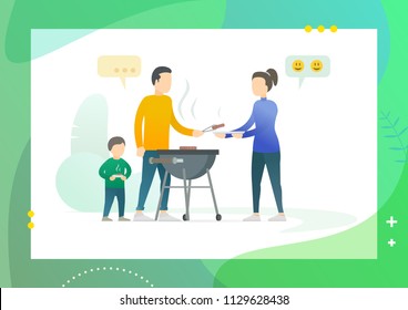 Family on bbq. Man cooking meat on a bbq grill for his wife and son. Conceptual Modern and Trendy colorful vector illustration for landing page. Web template.