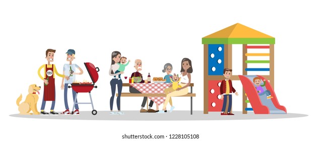 Family on BBQ party on the backyard of the house smiling and eating. Cooking tasty barbeque on grill. Vector illustration in cartoon style