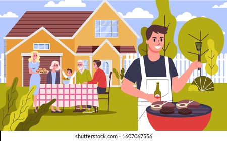 Family On BBQ Party On The Backyard Of The House Smiling And Eating. Cooking Tasty Barbeque On Grill With Family And Friends. Vector Illustration In Cartoon Style