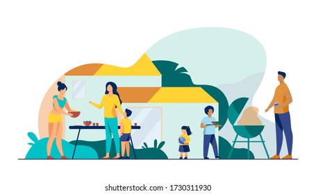 Family On BBQ Party On Backyard Flat Vector Illustration. Happy Characters Cooking, Chatting And Eating Together Outside Near House. Kids Playing In Garden. Barbecue And Outdoor Activity Concept