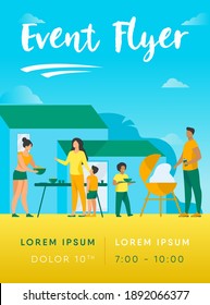 Family on BBQ party on backyard flat vector illustration. Happy characters cooking, chatting and eating together outside near house. Kids playing in garden. Barbecue and outdoor activity concept