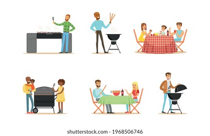 Family on BBQ Party Set, People Preparing Barbecue Grill Outdoors Cartoon Vector Illustration