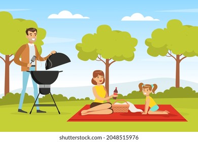 Family on BBQ Picnic Eating Outdoors and Cooking Grilled Meat on Barbecue Grill Vector Illustration