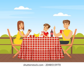 Family on BBQ Picnic Sitting at Table Eating Outdoors Vector Illustration