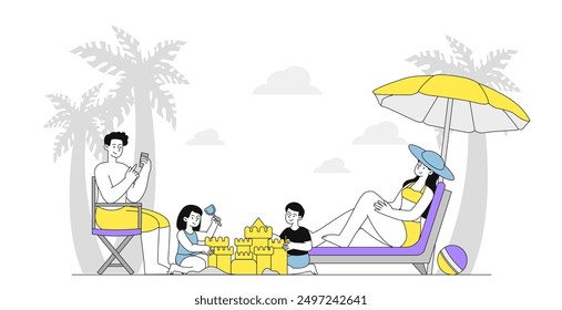 Familia en la playa. Hombre y mujer con niños en la costa y la playa. Padre y madre con hijo e hija con vacaciones y vacaciones. Ilustración vectorial lineal aislada sobre fondo blanco