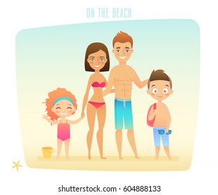 Family on the beach. Vector illustration.