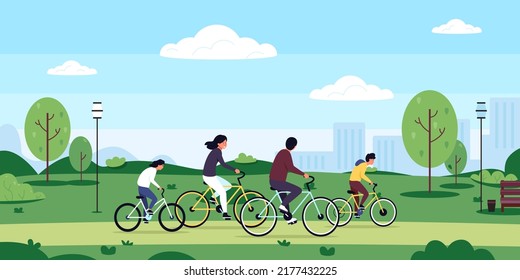 Family on bicycle. Cartoon outdoor bike ride on nature with kids mom and dad, family characters together on active leisure cycling in park. Vector illustration of bicycle lifestyle