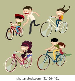 family on bicycles. family bike riders. vector illustration