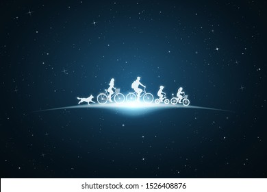 Family on bicycles and running dog in space. Vector conceptual illustration with white silhouettes of parents with children. Bue abstract background with stars and glowing outline