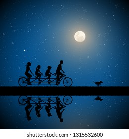 Family on bike tandem on moonlit night. Active rest of parents with children in park. Vector illustration with silhouettes of cyclists on bicycle and running dog. Full moon in starry sky