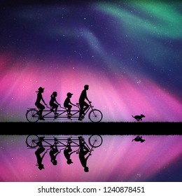 Family on bike tandem in park at night. Active rest of parents with children. Vector illustration with silhouettes of cyclists on bicycle. Northern lights in starry sky. Colorful aurora borealis
