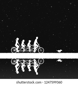 Family on bike tandem in park at night. Vector illustration with silhouettes of cyclists on bicycle and running dog under starry sky. Inverted black and white