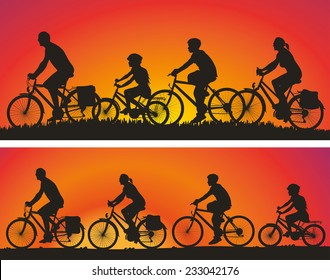 Family On The Bike Trip - Cyclists Silhouettes On The Background Of Sunsets