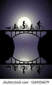 Family on bikes on bridge on moonlit night. Vector illustration with silhouettes of cyclists and running dog. Family road trip. Full moon in starry sky