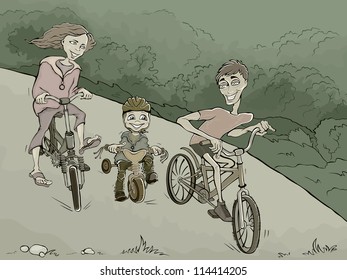 family on the bikes in the forest, vector