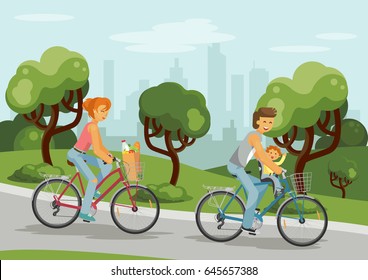 Family on bikes. Happy family outdoors. Woman and man with baby cycling in the city park. Bicycles with grocery bag. Vector illustration.