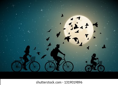 Family on bikes on moonlit night. Active rest of parents with child. Vector illustration with silhouettes of cyclists and flying pigeons in park. Full moon in starry sky