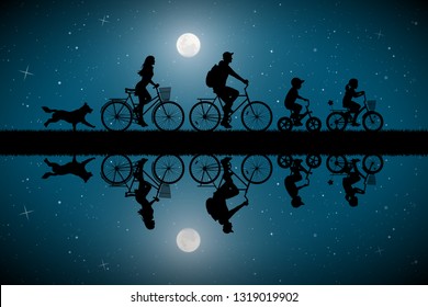 Family on bikes on moonlit night. Active rest of parents with children. Vector illustration with silhouettes of cyclists and running dog in park. Full moon in starry sky