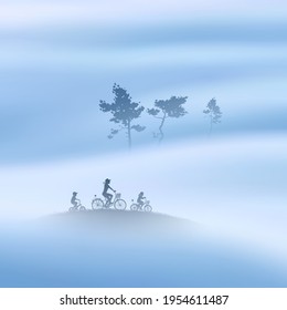 Family on bikes. Mother and children. Cyclist silhouette. Tree in fog