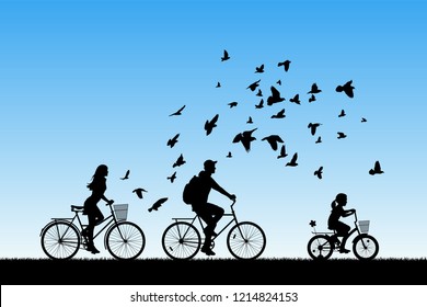 Family on bikes in park. Active rest of parents with child. Vector illustration with silhouettes of cyclists and flying pigeons. Blue pastel background