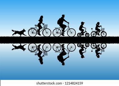 Family on bikes in park. Active rest of parents with children. Vector illustration with silhouettes of cyclists and running dog. Blue pastel background