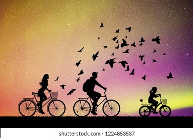 Family on bikes in park at night. Active rest of parents with child. Vector illustration with silhouettes of cyclists and flying pigeons. Northern lights in starry sky. Colorful aurora borealis