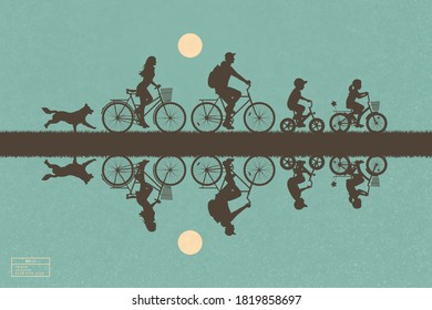 Family on bikes in park. VIsolated silhouette of cyclists and running dog. Active lifestyle of parents with children. Yellow sun on blue texture background. Abstract vector illustration