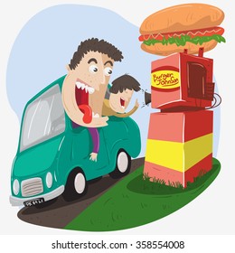  a family on car pass the breakthrough to order burger