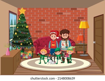 Family on christmas day at home illustration