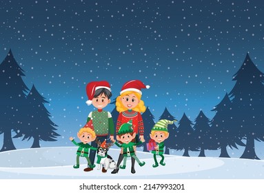 Family on christmas day at night illustration