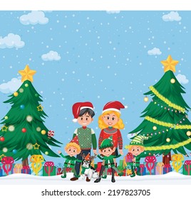 Family On Christmas Day Family And Christmas Tree Illustration