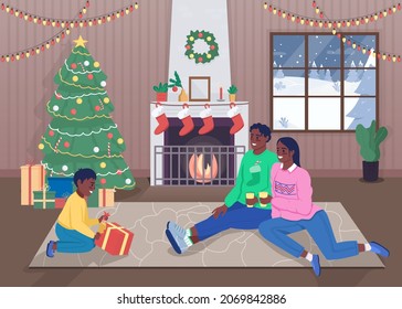Family on Christmas flat color vector illustration. Son gets surprise present from mom and dad. Winter holiday celebration. Parents with child 2D cartoon characters with home interior on background