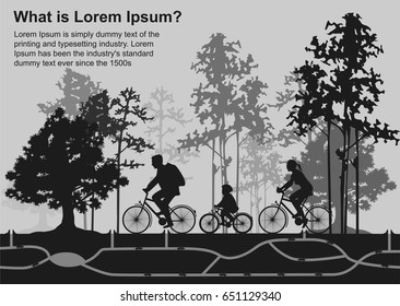 Family on cycle ride in forest, rats creep in burrows. Split illustration