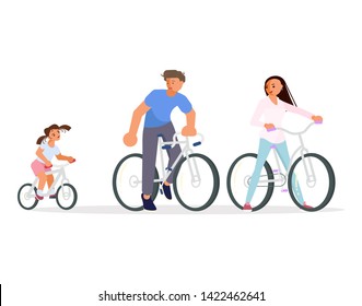 Family On Cycle Ride. People riding bicycles isolated on white background. Parents with their kids enjoying free time together. Flat Art Vector illustration