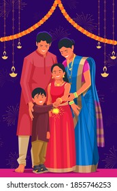 A family on Diwali celebrating with firecrackers and sparklers with decorations hanging at home.