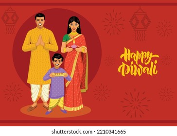 A Family On Diwali Celebration. Vector Illustration.