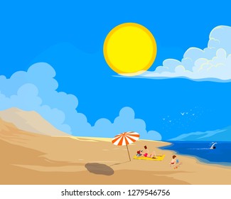 Family On The Empty Beach. Sunny Sky, Clouds.