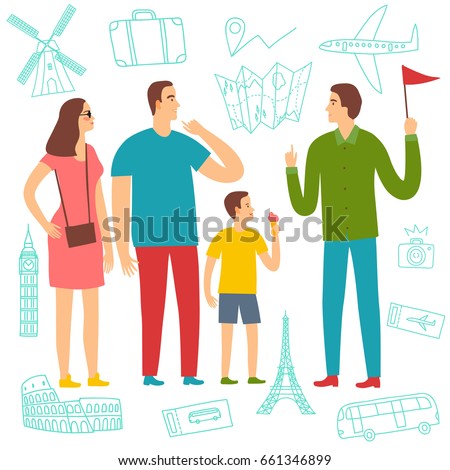 Family on excursion listening to the guide. Including doodle drawings: airplane, ship; suitcase, monuments. Tourism and travel illustration for your design.