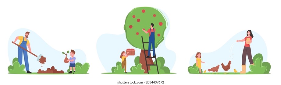 Family on Farm. Parents and Kids Gardening Work, Planting and Caring of Trees, Harvesting Crop, Feed Poultry. Happy Mom, Dad And Kids Characters Working in Garden. Cartoon People Vector Illustration