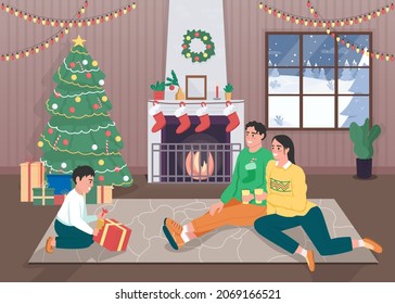 Family on festive holidays flat color vector illustration. Son gets surprise. Christmas season. Winter holiday celebration. Parents with child 2D cartoon characters with home interior on background