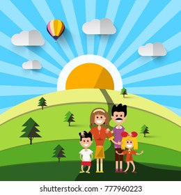 Family on Field. Vector Flat Landscape. Nature.