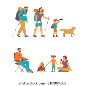 Family on hiking trip and camping adventure characters set, flat vector illustration isolated on white background. Parents and children tourists and campers.