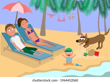 family on holiday, cartoon characters in hot weather man smiling, woman sunbathing, baby playing in sand, dog digging, funny vector illustration