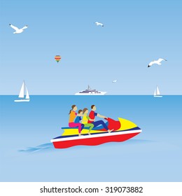 Family on a jet ski. Family vacation. Water sports. Illustration, elements for design.