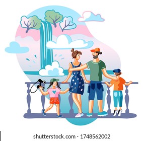 Family on nature flat vector illustration. Tourists enjoying mountains and waterfall scenery. Parents with children on holiday vacation. People in recreational park cartoon characters